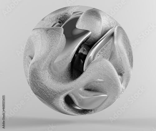 3d render of monochrome abstract art with surreal 3d organic ball in curve wavy smooth and soft bio forms in matte rough aluminum metal material with silver glossy parts, on grey background photo