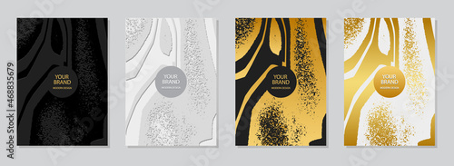 Set of cover design, vertical vector unique templates. Geometric volumetric convex 3D pattern, collection of backgrounds in the style of minimalism, golden grunge texture.