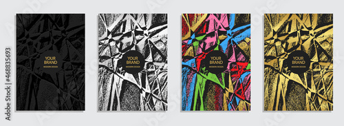 Set of cover design, vertical modern vector templates.Geometric volumetric convex 3D pattern, collection of backgrounds in the style of avant-garde, golden grunge texture.
