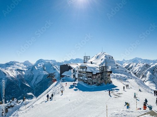 Aeiral image of the top station and view point for skiing and other outdoor winter activities on Eggishorn in Fiesch Valley
