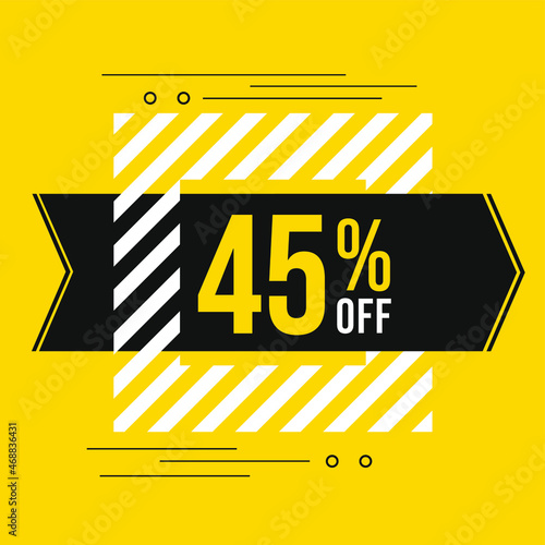 45% off sale. Discount price. Discounted special offer announcement. Black, yellow and white color conceptual banner for promotions and offers at 45 percent off.