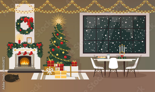 Christmas interior. Room with fireplace, decorated with a Christmas tree, light gerlands. Table with milk and cookies for Santa Claus. Vector illustration in flat style photo