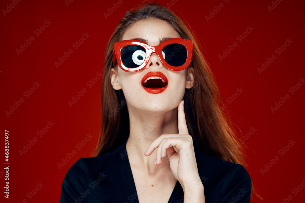 glamorous woman wearing sunglasses red lips posing close-up glamorous woman wearing sunglasses red lips posing close-up