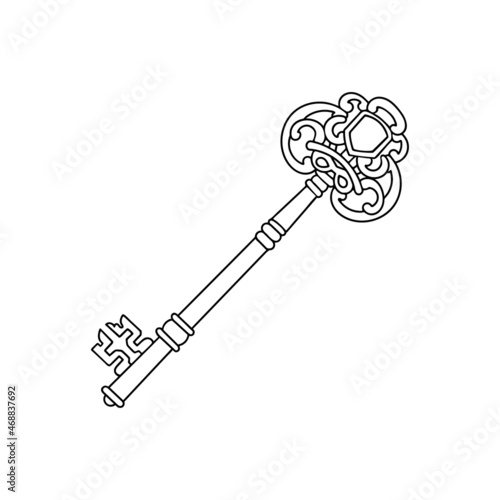 House key outline. Sketch of an object that opens a door lock, safe. Hand drawn thin line art vector illustration. Isolated simple element.