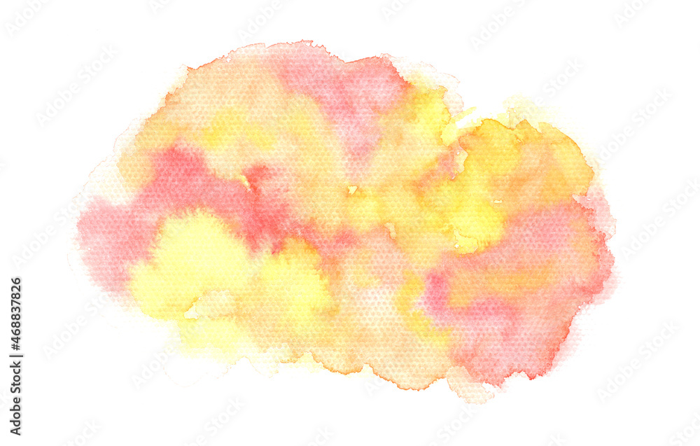 Bright fresh expressive yellow and orange wet watercolor stain. Light warm colors dotted texture blob illustration, abstract watercolour background for decoration, background