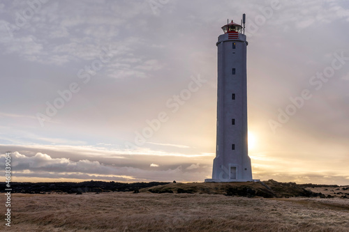 Malarrif Lighthouse on the Snaefellsnes Peninsula in Iceland at sunset.