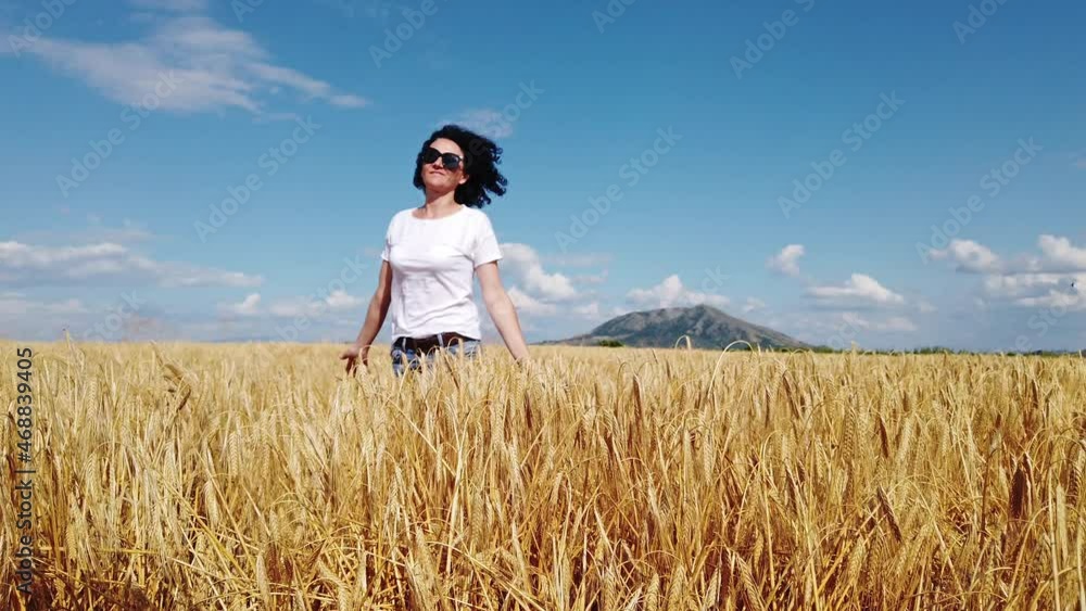 Young happy woman in wheat field touching spikelets in cereal field and enjoying the summer day. Agriculture, freedom happiness concept. Slow motion Young happy woman in wheat field touching spikelets in cereal field and enjoying the summer day. Agriculture, freedom happiness concept. Slow motion
