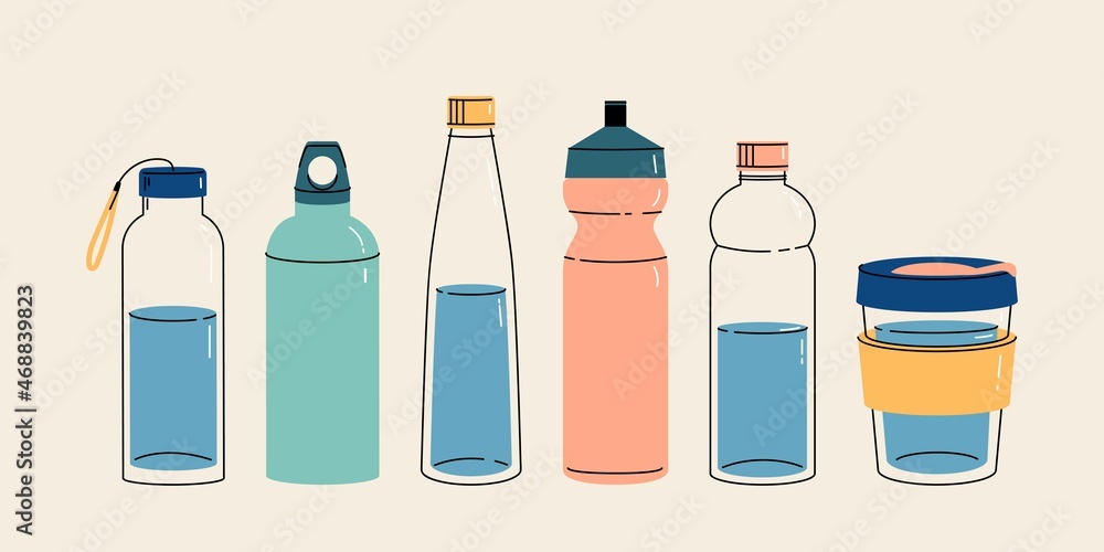 Take your water bottle. Refillable glass, plastic or metal bottles. Vector illustration in trendy style. Zero waste concept, reasonable consumption, zero plastic. Take your water bottle. Refillable glass, plastic or metal bottles. Vector illustration in trendy style. Zero waste concept, reasonable consumption, zero plastic.