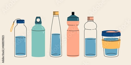 Take your water bottle. Refillable glass, plastic or metal bottles. Vector illustration in trendy style. Zero waste concept, reasonable consumption, zero plastic.