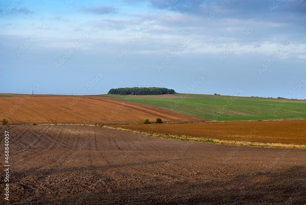 wavy hills of plowed lands and colored lines of fields in autumn, geometry