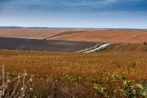 autumn landscape panorama with fields, soybeans, plowed land, geometry