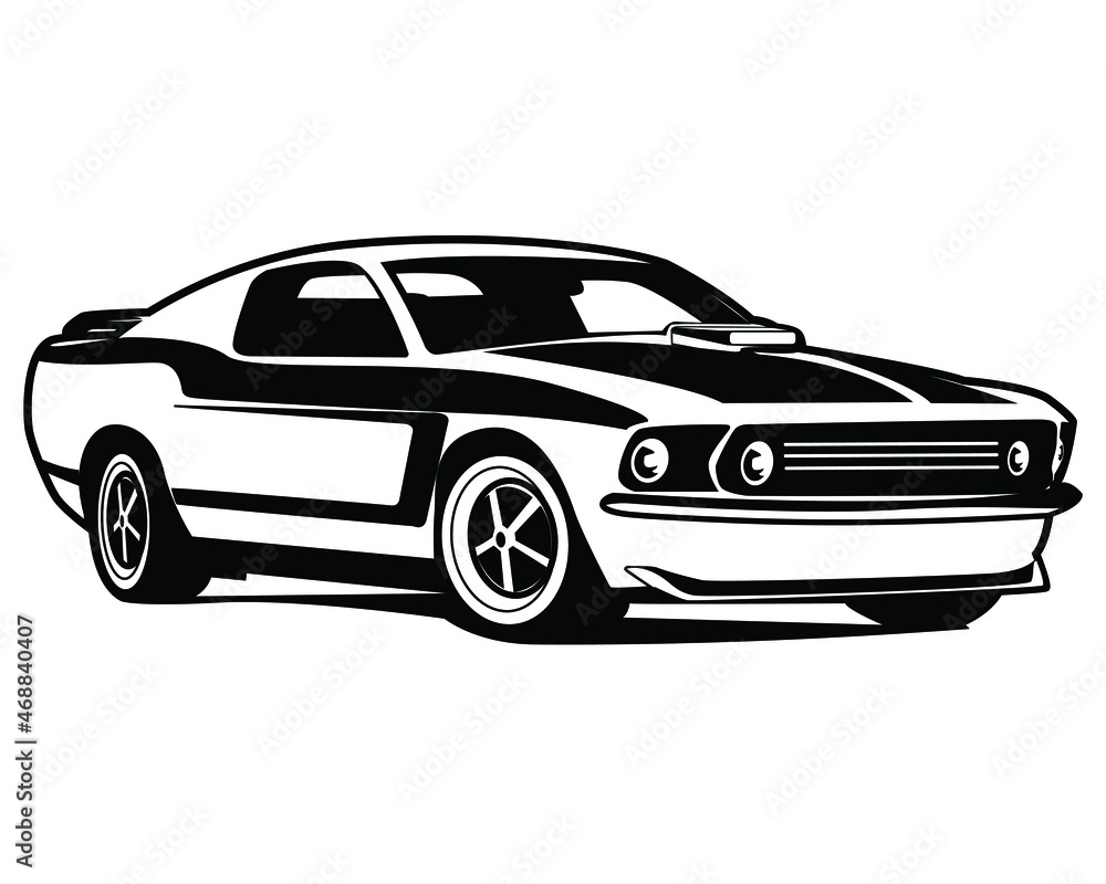 graphic illustration of vintage american muscle car vector silhouette front view isolated black white