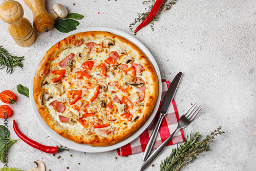 fast food, appetizing tasty pizza with ingredients on a light background