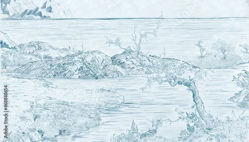 Fototapeta Pattern with horizontal mural with landscape with mountains, sea, trees, panoramic view. Toile de jouy hand drawn illustration. Nature old French style. Mural for the walls. Wallpapers for the room