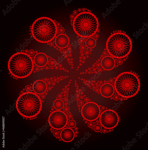 Bloody Ashoka Chakra wheel icon curl bang petals salute composition on red dark gradient background. Rotation curl done from red scattered Ashoka Chakra wheel symbols.