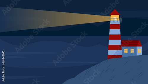 Night landscape with red lighthouse and sea in flat style. The lighthouse shines in the night. Scenery with sea and mountain. Vector illustration. 