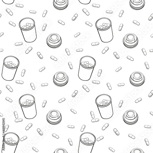 Open jar of medicine. Pills are scattered, hand-drawn in black and white, simple graphics. Vector illustration seamless pattern.