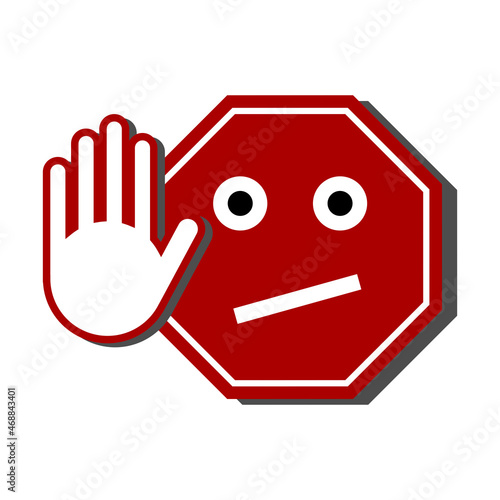 Stop Sign Funny Face with Hand Road Sign Icon. Vector Image.