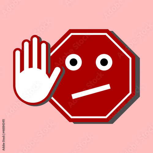 Stop Sign Funny Face with Hand Road Sign Icon. Vector Image.
