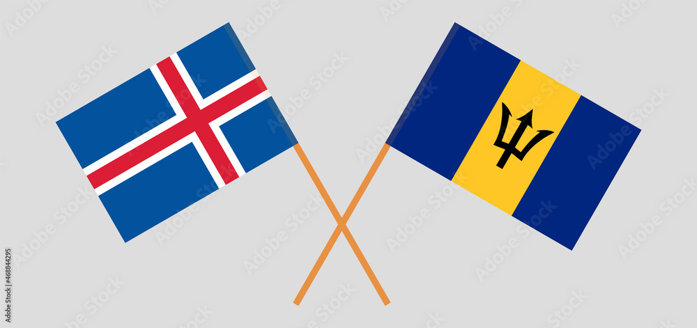 Crossed flags of Iceland and Barbados. Official colors. Correct proportion