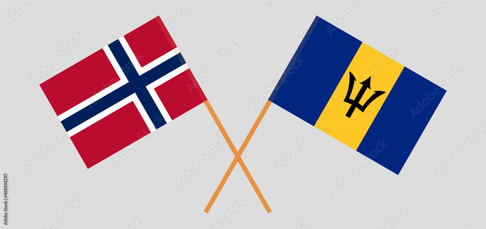 Crossed flags of Norway and Barbados. Official colors. Correct proportion