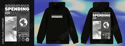 Modern poster with the text "Spending", Girl statue and earth sphere. In Acid style, stylish print for streetwear, print for t-shirts and hoodies, isolated on black background