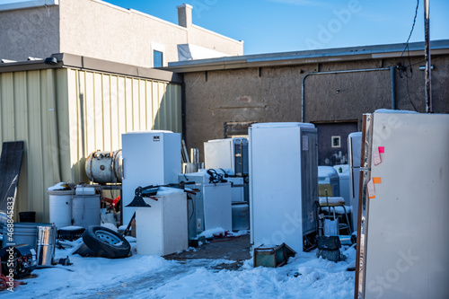 Принти на полотні Back alley appliance stockpile of junk for garbage, parts for repair, and recycl