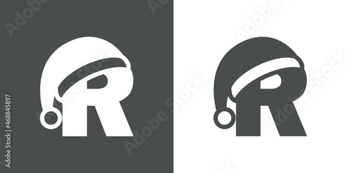 Logotipo con letra inicial R con silueta de sombrero de Papá Noel en fondo gris y fondo blanco, para su uso en invitaciones y tarjetas de felicitación