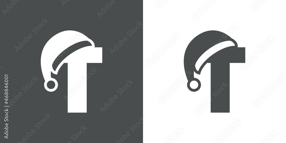 Logotipo con letra inicial T con silueta de sombrero de Papá Noel en fondo gris y fondo blanco, para su uso en invitaciones y tarjetas de felicitación Logotipo con letra inicial T con silueta de sombrero de Papá Noel en fondo gris y fondo blanco, para su uso en invitaciones y tarjetas de felicitación
