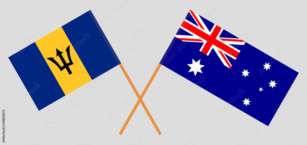 Crossed flags of Barbados and Australia. Official colors. Correct proportion