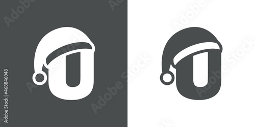 Logotipo con letra inicial U con silueta de sombrero de Papá Noel en fondo gris y fondo blanco, para su uso en invitaciones y tarjetas de felicitación
