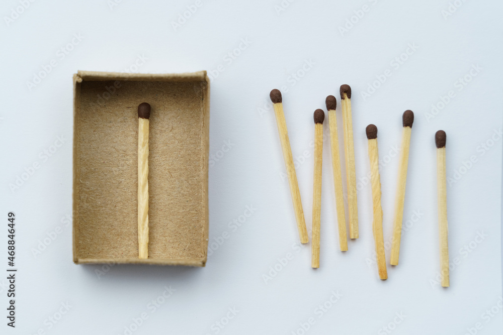 One match is in the box, the rest are next to the box. One match is in the box, the rest are next to the box.