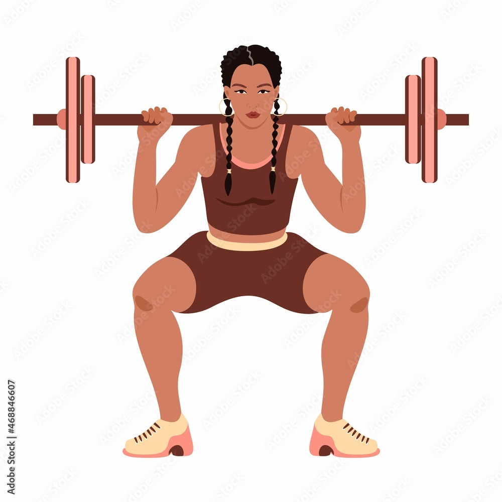 Cute fitness girl vector flat cartoon illustration. Pretty young woman with  barbell having workout in gym. Healthy lifestyle, sport and power lifting  exercises concept. Stock Vector