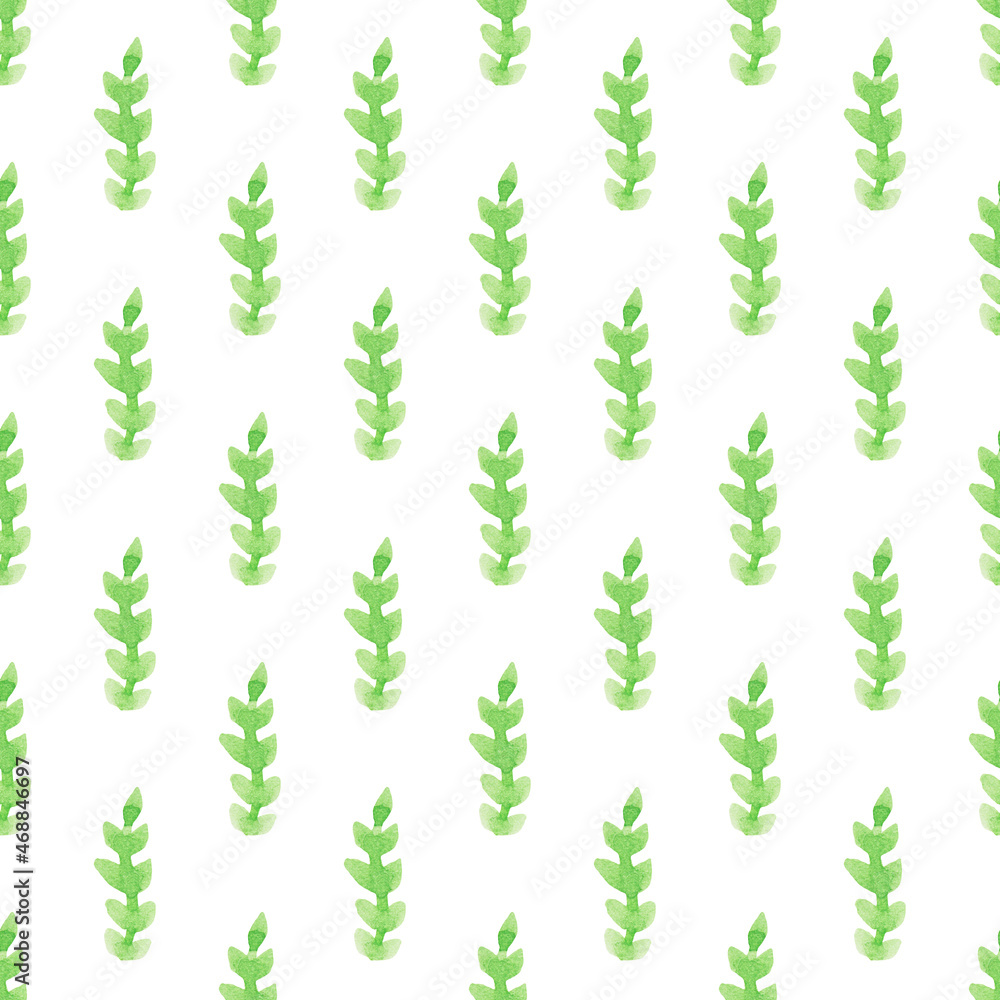 Seamless pattern with hand-drawn watercolor green branches with leaves on white. Summer, spring season. Organic, natural, freshness concept for textile, print, etc. Seamless pattern with hand-drawn watercolor green branches with leaves on white. Summer, spring season. Organic, natural, freshness concept for textile, print, etc.