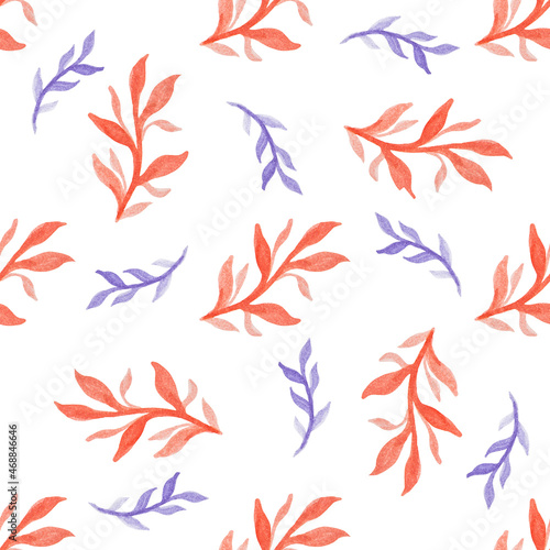 Seamless pattern with hand-drawn watercolor red and blue branches with leaves on white. Autumn season. Organic, natural, freshness concept for textile, print, etc.