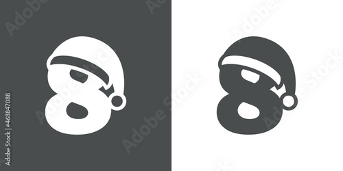 Logotipo con número 8 con silueta de sombrero de Papá Noel en fondo gris y fondo blanco, para su uso en invitaciones y tarjetas de felicitación