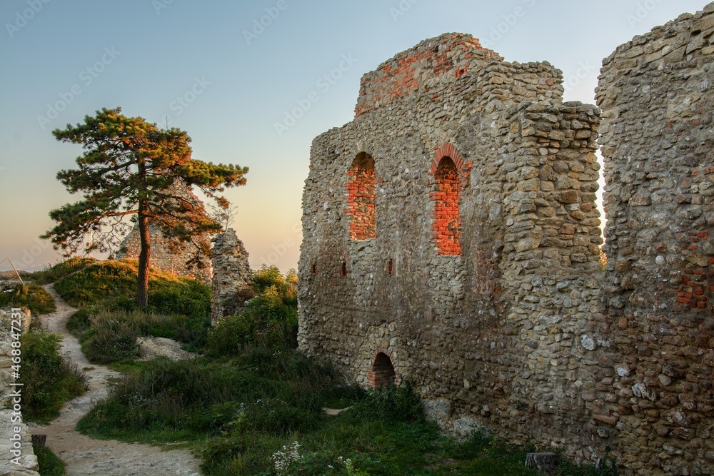 The walls of the upper courtyard of the ruins of the Stary Jicin castle at dawn. Czechia. Europe. 