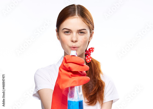 cleaning lady wearing rubber gloves detergents housework