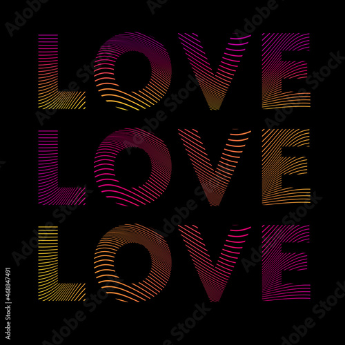 Love lettering on black background. Grid with a gradient. Word love. Isolated on black. Straight lines.