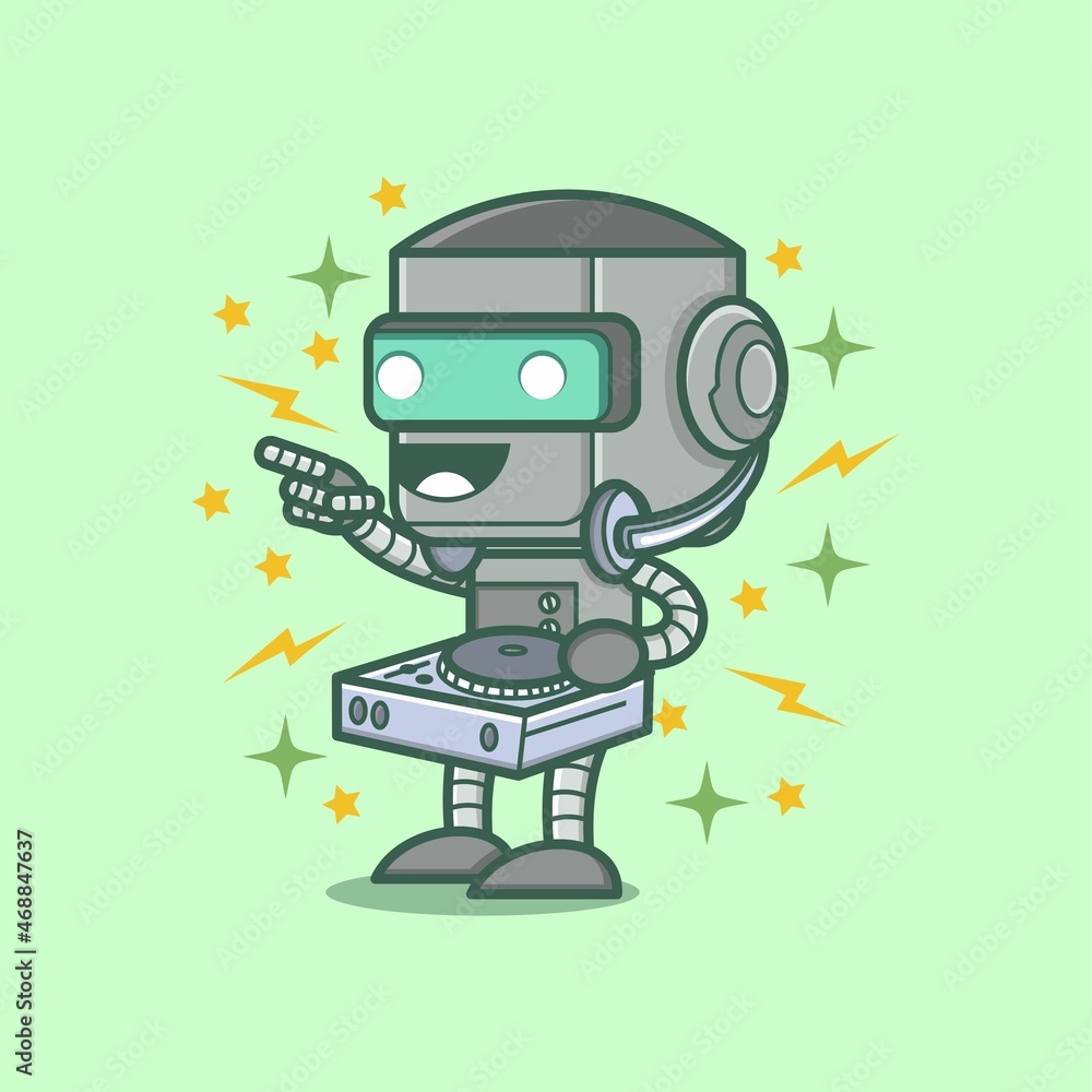Naklejka premium cute cartoon robot character being a dj. vector illustration for mascot logo or sticker