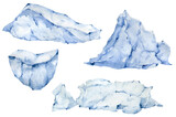 Watercolor icebergs set isolated on the white background. Ice mountains. Glasier mass. Snow slides.