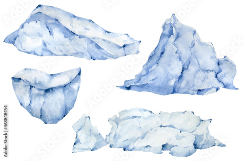 Watercolor icebergs set isolated on the white background. Ice mountains. Glasier mass. Snow slides.