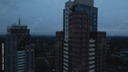 Wallpaper Mural Establishing shot of two skyscrapers in evening city aerial Torontodigital.ca