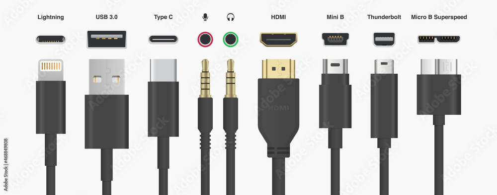 Vecteur Stock Black Cables Wires USB HDMI Lightning Type C Mini B Mini Jack  vector illustration | Adobe Stock