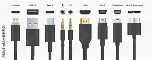Black Cables Wires USB HDMI Lightning Type C Mini B Mini Jack vector illustration photo