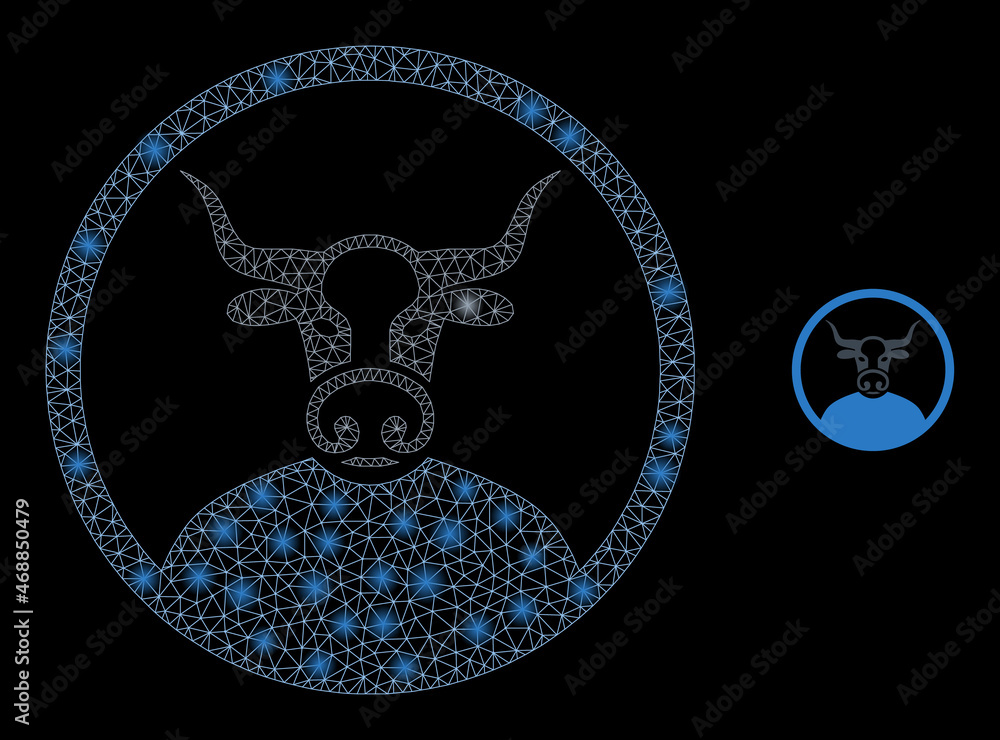 Glossy polygonal mesh web cow rounded portrait icon with glow effect on a black background. Constellation cow rounded portrait iconic vector with glowing points in vibrant colors.