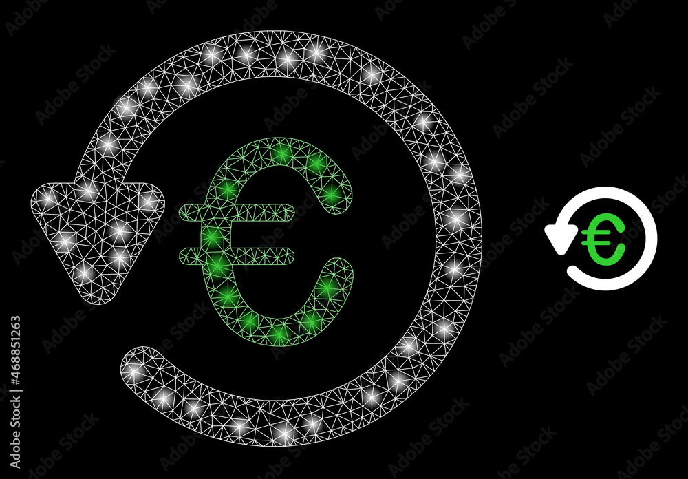 Glossy polygonal mesh net euro chargeback icon with glare effect on a black background. Wire frame euro chargeback iconic vector with illuminated dots in magic colors. Glossy polygonal mesh net euro chargeback icon with glare effect on a black background. Wire frame euro chargeback iconic vector with illuminated dots in magic colors.