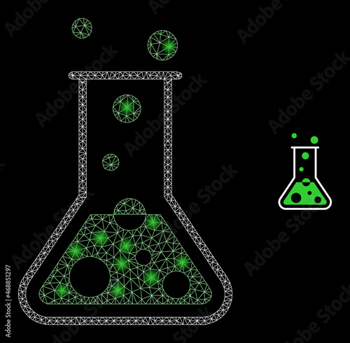 Glossy polygonal mesh web chemical retort icon with glow effect on a black background. Wire frame chemical retort iconic vector with flash spheres in vibrant colors.