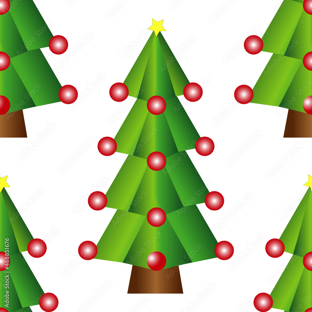 Fototapeta premium Patrón de árbol de Navidad verde con bolas rojas y estrella amarilla sobre fondo blanco. Patrón de pino de Navidad sobre fondo blanco