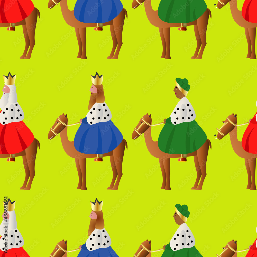 Fototapeta premium Patrón de los tres Reyes magos vestido de rojo, azul y verde sobre fondo verde. Patrón navideño de los tres Reyes Magos con los camellos sobre fondo verde